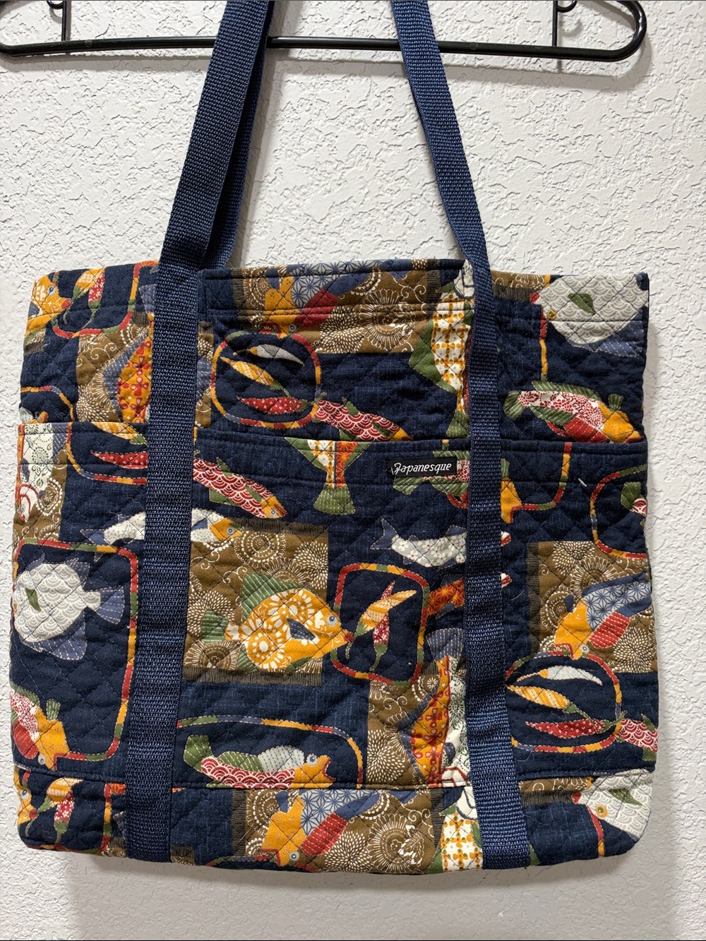 Navy Quilted Tote with Colorful Fish Pattern by Pappanesse